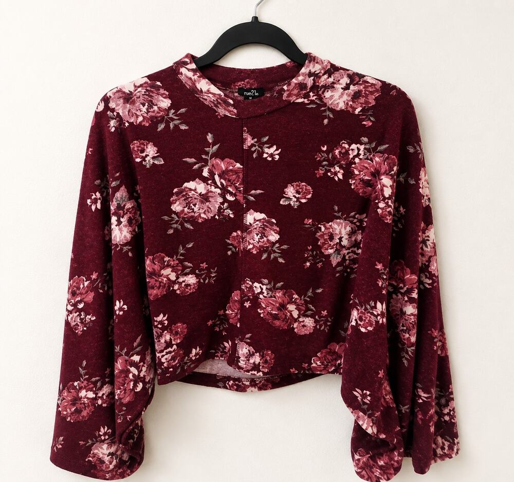Rue21 Floral Long Sleeve Crop Top Burgundy Pink Size M Boho